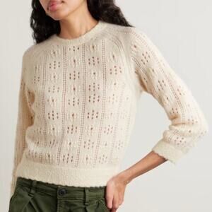 Doen Emiliana Alpaca Wool Pointelle Crewneck 3/4 Sleeve Knit Sweater Top Ivory